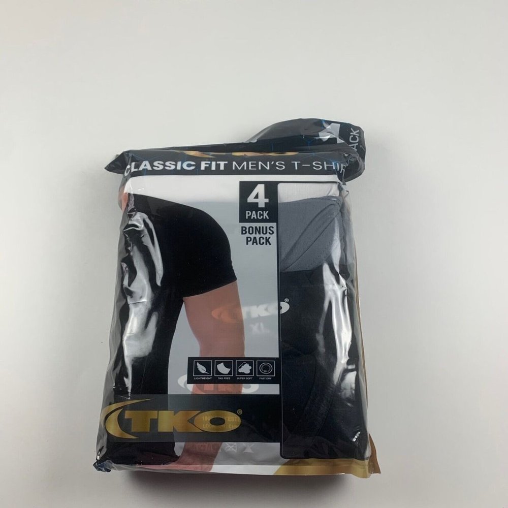 TKO Mens Classic Fit T-Shirt 4-Pack‎ Crew Neck Tees BLK/GRY/WHT Size XL NWT 8290